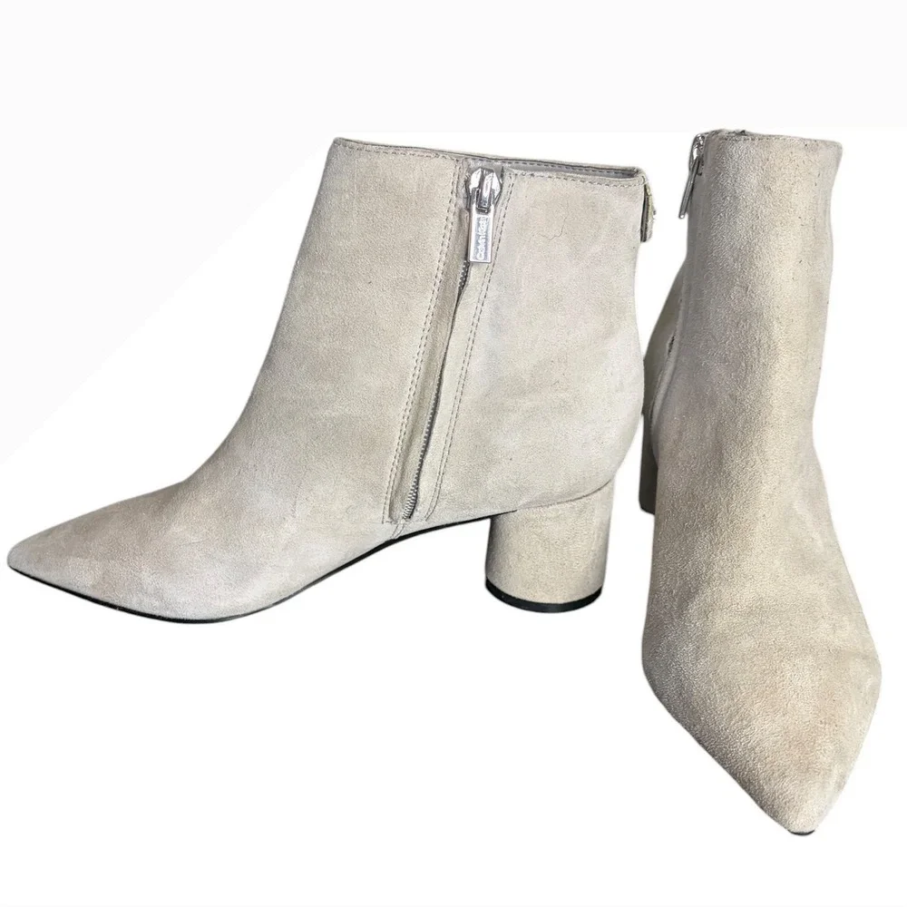 Calvin Klein Light Grey Suede Pointed Toe Block Heel Ankle Boots Women's Size 5M